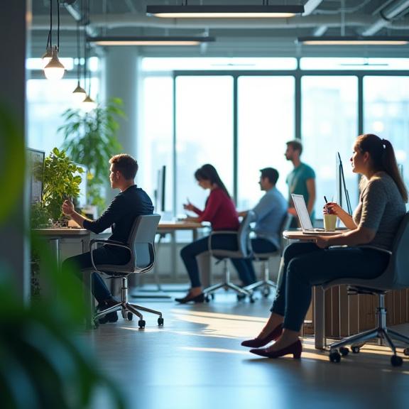 다양한 전문가들이 협업하는 현대적인 도약 계절 사무실 환경